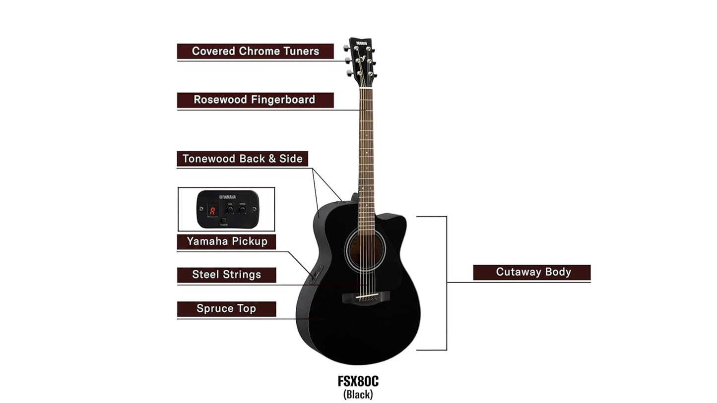 Yamaha FSX80C Semi-Acoustic Cutaway Guitar โ Black Finish, 6 Strings, Full-Size, Built-in Pickup, Rich Tone, Comfortable Playability