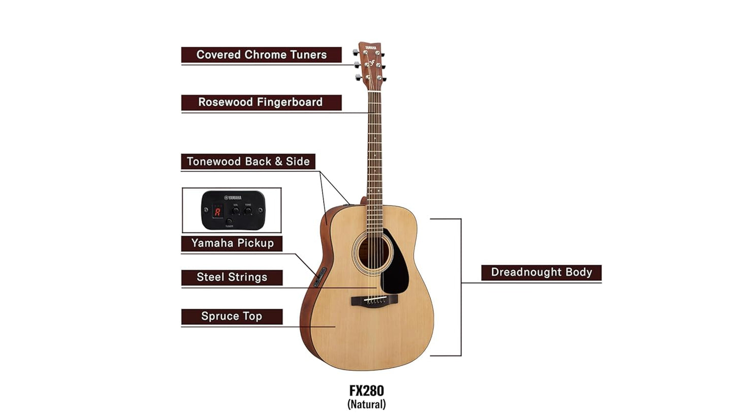 Yamaha FX280 Electro Acoustic Guitar, Natural Finish, Full-Size Dreadnought Body, 6-String with Built-in Pickup & Preamp
