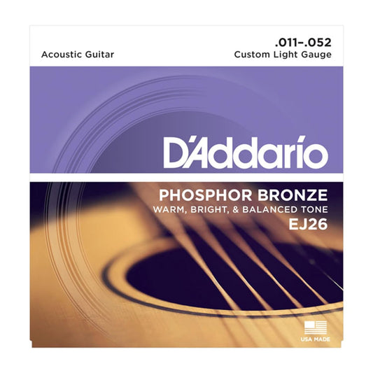 D'Addario EJ26 Acoustic 11-52 Custom Light Guitar Strings made of Phosphor Bronze for Warm, Bright & Balanced Tone