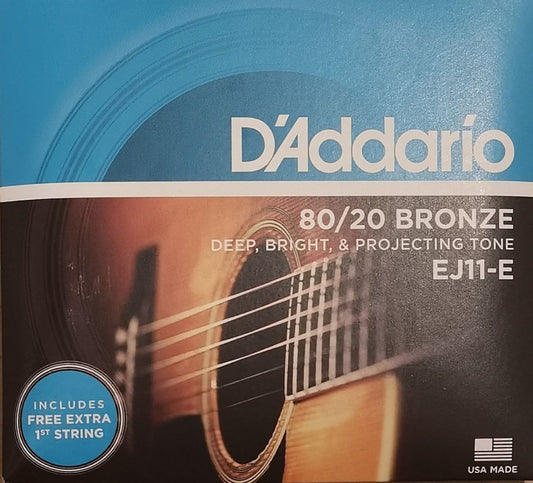 D’Addario EJ11-E 80/20 Bronze Acoustic Guitar Strings, Regular Light, 12-53 Gauge, FREE Extra 1st String